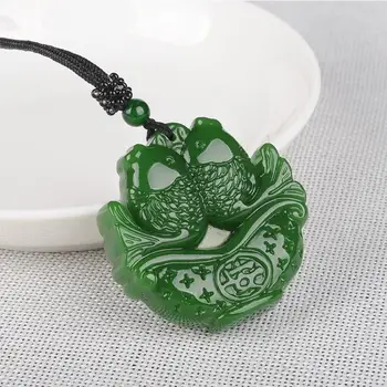 Kínai Természetes Zöld Jade Dupla Ponty Medál Nyaklánc Kézzel faragott Varázsa Jadeite Ékszer Divat Amulett Ajándékokat, a Nők, Férfiak
