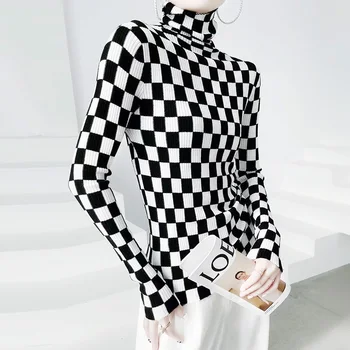 Új őszi-téli fekete-fehér gyapjú kötött mélypont ing a nők, garbó, kockás hímzett pulóver