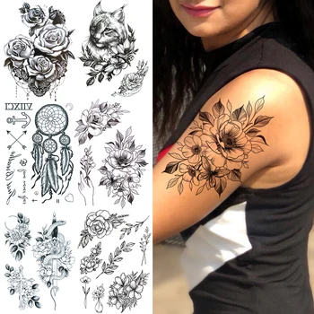 Fekete Rózsa Virág Ideiglenes Tetoválás A Nők Hölgy Reális Macska Rózsa, Csipke Kígyó Kard Hamis Tetoválás Matrica Vízálló Tattoo Art