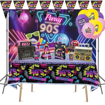 Vissza A 90-es Téma Party Kellékek, Papír, Banner Spirál Latex Lufi Cupcake Toplisták Retro Stílus a 90-es Disco Party Díszíteni