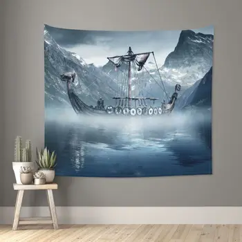 FFO Viking Hajó Gobelin Banner Természet, Táj, Hegyek, Kárpitok, Ablak, Függöny Falra Art Dekoráció Nappali