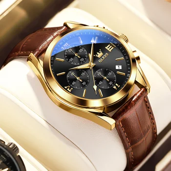 Olevs Bőr Multi Funkció Chronograph férfi karóra vízálló quartz óra luxus 18K Gold Sport Watch vallási férfiasság