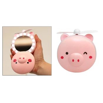 3-az-1-Aranyos Malacka Kozmetikai Tükör Ventilátor LED USB Újratölthető Beltéri Smink Tükör Ventilátor Fény Összecsukható sminktükör