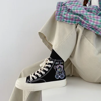 Design Női Vászon Cipő Tanuló Alkalmi Medve Nyomtatás Cipők Aranyos Graffit Platform Cipő Lányoknak, Lágy High Top Cipők