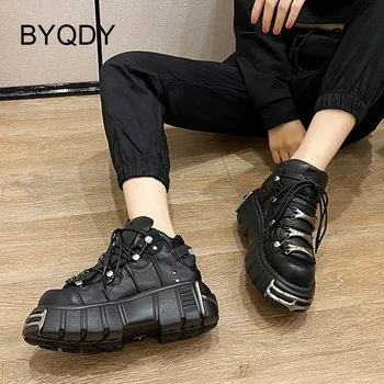 BYQDY Punk Stílusú Női Cipők Platform Csipke Sarok Magassága 6cm Lapos Platform Cipő Nő Kúszónövények Fém Dekoráció kiváló Minőségű
