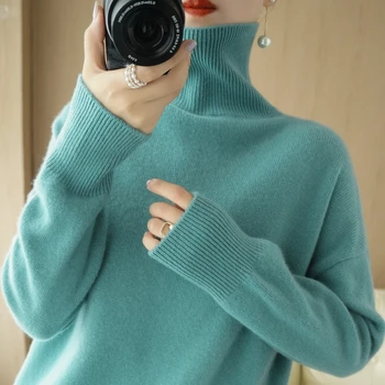 Kasmír Pulóver, női garbó pulóver Őszi/téli új 100% tiszta Gyapjú pulóver nők kötés laza, nagy méretű Női pulóver