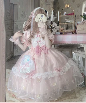 Hercegnő Lolita Aranyos Rózsaszín Lo Ruha Lányok Daisy Hímzés Kawaii Loli Édes Kék Tea Party Női Ruhák Rövid Ujjú Íj Csipke