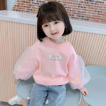 A lányok külföldi stílus, hálós póló tavaszi ruhák új koreai gyermekek buborék ujjú felsők baba divat póló P5155