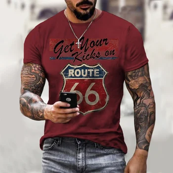 2021-re a 66-os úton póló 3d Nyomtatás póló Nyári Új Stílus, Férfi Divat Vékony póló Kerek Nyakú póló