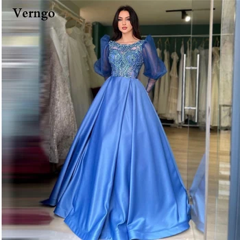 Verngo Vintage Royal Kék Báli Ruhák Szerény Puff Hosszú Ujjú Tüll Csipke Rátét Gyöngyök Szatén Szoknya Nők Hivatalos Estélyi Ruhák