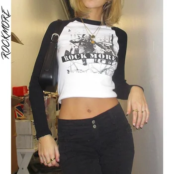 Rockmore Tündér Grunge Crop Top Női Vintage Nyomtatás póló Gótikus Patchwork Hosszú Ujjú O-neck Tee Alkalmi Ruhát Streetwear