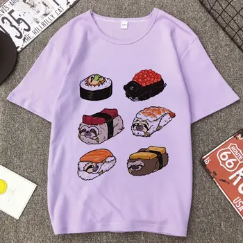 Lajhár Sushi Grafika Nyomtatás póló Nők Harajuku Esztétikai Lila Kupakos Alkalmi Tshirt 2021 Új Nyári Divat Y2k Női Póló