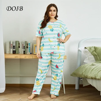 DOIB Plus Size Pizsama Nyomtatás Póló, Nadrág, Női Homewear Két Darab Készlet Nagy Méretű Női Hálóruha Laza Alkalmi Hálóruházat