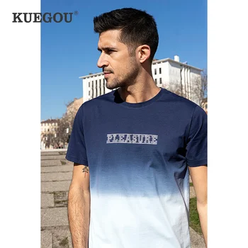 KUEGOU 2021 Nyáron 100% Pamut Nyomtatás Kék Levél Póló Férfi Tshirt Márka T-shirt Rövid Ujjú Póló Divat Ruhák 90080