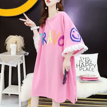 Hosszú csipke rövid ujjú Póló női nyári ruha 2021 Új laza design levél nyomtatás koreai Y2k póló szoknya