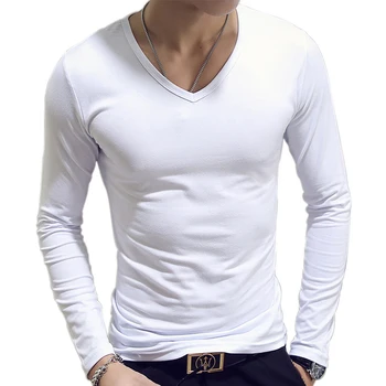 Fehér egyszínű Alapvető Slim Férfi póló Tavaszi Őszi Mélypont Póló Férfi Kerek Nyakú, V-nyakú, Alkalmi Felsők, Hosszú ujjú Pólók