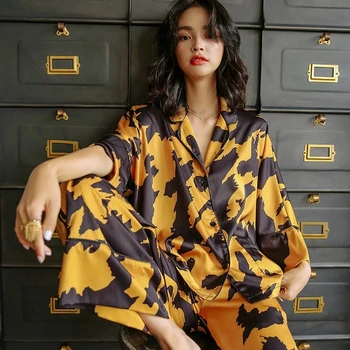 Új Selyem Szatén Pizsama Szett Női Tavaszi Őszi Loungewear Absztrakt Nyomtatott Arany Fekete Hálóruházat Lehet Viselni Kívüli Szabadidő