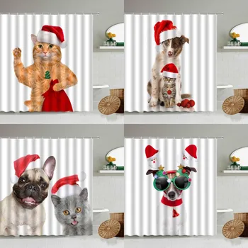Boldog Karácsonyt Zuhanyfüggöny Szórakoztató Macska, Kutya Bulldog Állat Karácsonyi Kalap Holiday Fürdőszoba Vízálló Lóg Képernyő Lakberendezés