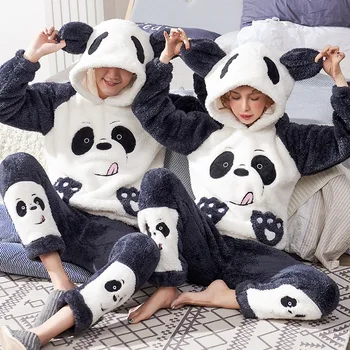 Párok Pizsama Szett Téli Sűrűsödik Pizsama Női Férfi Hálóruházat Rajzfilm Panda Koreai Szerelmeseinek Homewear Puha Meleg Pijama Kapucnis Felső