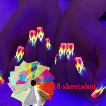 16sheets/set 3D nail art dekoráció köröm holografikus lézer pillangó láng matrica köröm csillogó flitter peeling technika