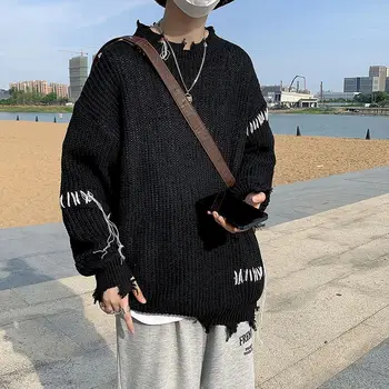 Kötött pulóver férfi pulóver, hosszú ujjú lyuk női pulóverek őszi téli high street szerelmesek szabadon koreai divat streetwear maximum