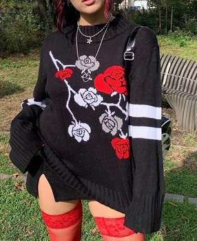 Yangelo Fairycore Pulóver E Lány Gótikus Fekete Rózsa Maximum Grunge Esztétikai Pulóver Női Túlméretezett Knittedwear a Tavaszi