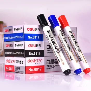 Deli White Board Marker Könnyen Törölhető Tábla Toll, 10 db/doboz, Fekete, Kék, Piros Szín