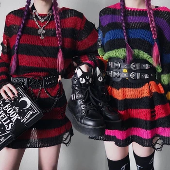 E-lány Gótikus Lyuk Csíkos Kötött Pullovers Csíkos Hosszú Ujjú Pulóver, Női Blúz Női Punk Stílus Kawaii Harajuku Streetwear